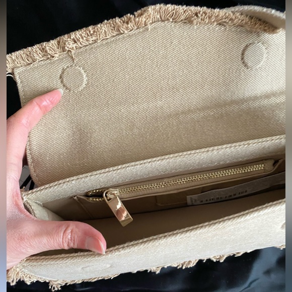 Zara Beige Tan Neutral Fabric shoulder Bag Handbag frayed trim Magnetic flap NWT - Picture 10 of 15